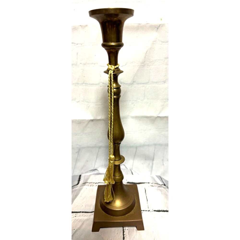Gold Tone Metal Tall Candlestick Candle Holder w/ Tassel Accent 15 in tall